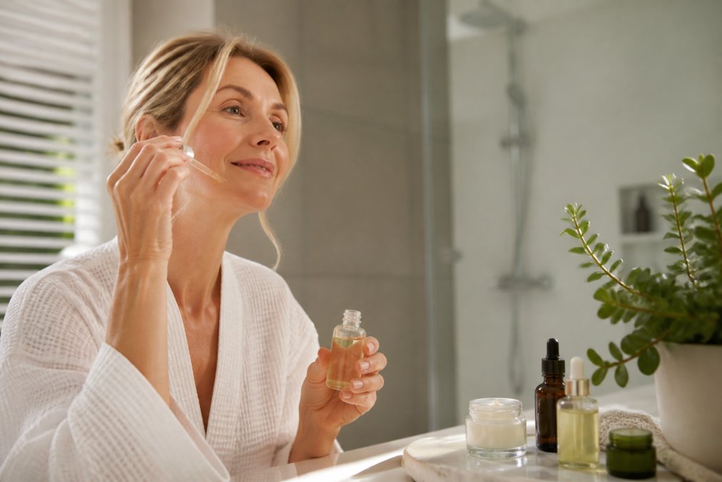 A woman in her 50s applying facial serum in a bright bathroom, botanical skincare bottles and a small green plant arranged on the counter beside her