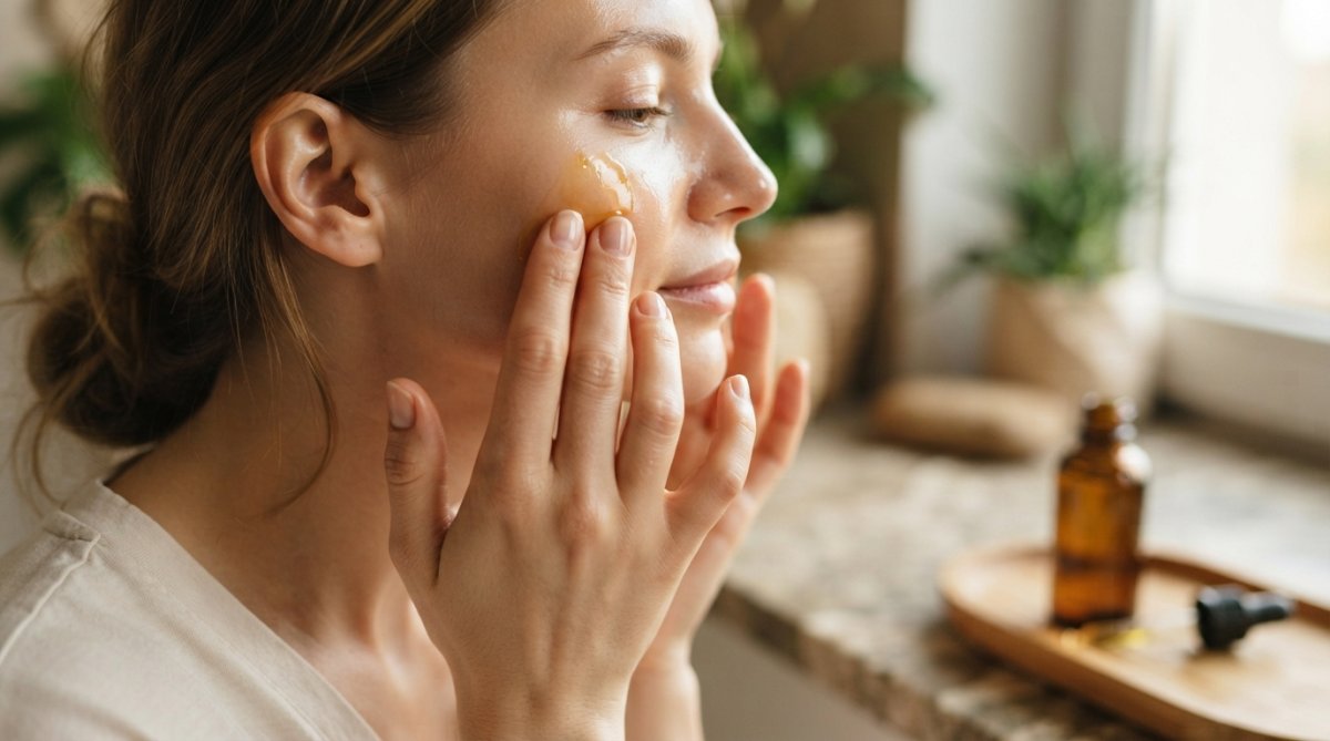 Close-up of hands gently applying golden botanical oil to clean, glowing facial skin with natural sunlight illuminating the oil's smooth absorption and radiant finish