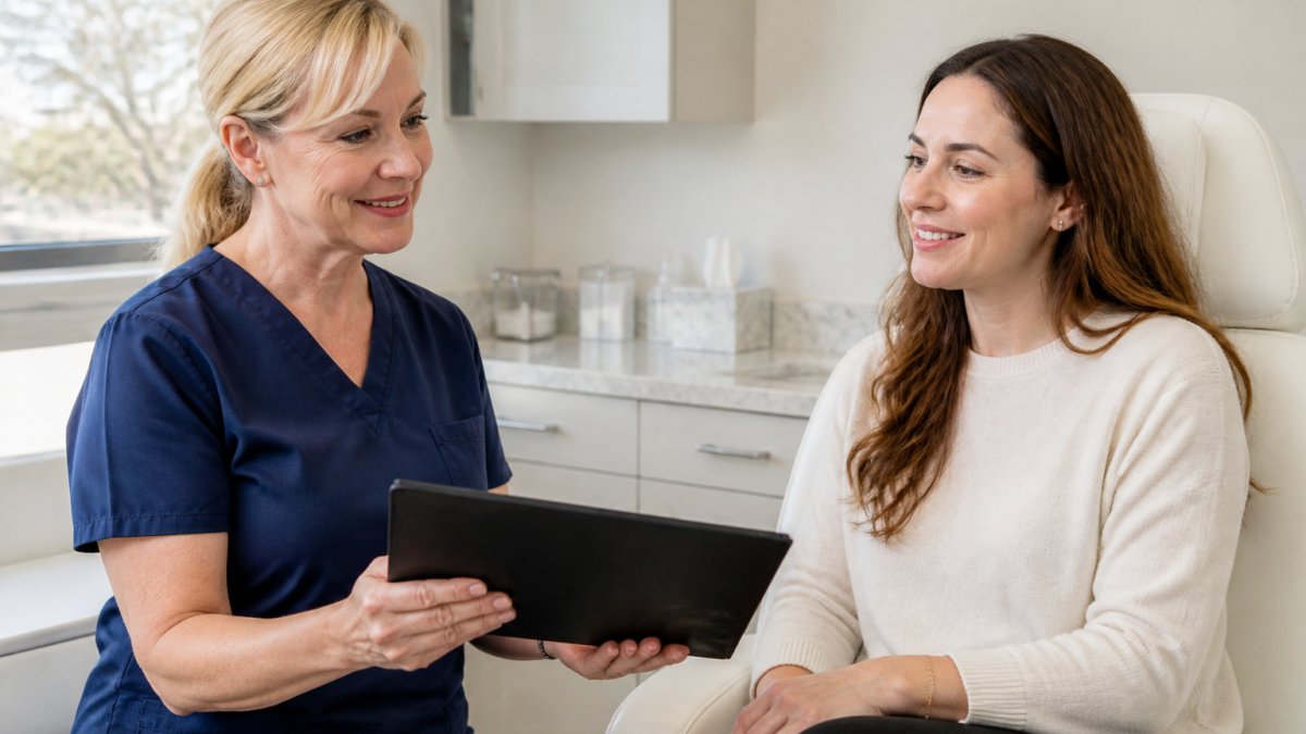 Nurse consulting with a client on a treatment plan for botox for crow's feet in a bright, modern clinic.
