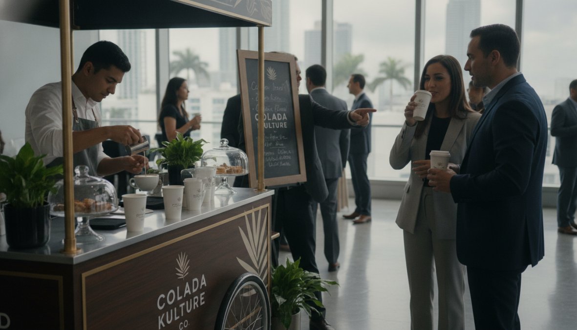 Professional barista preparing latte art on a custom branded cup at an outdoor event with guests enjoying beverages in the background, natural sunlight illuminating the coffee station