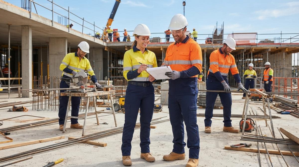 Construction worker in hi-vis breathable workwear on a hot outdoor job site, appearing focused and comfortable whilst operating equipment in bright sunlight
