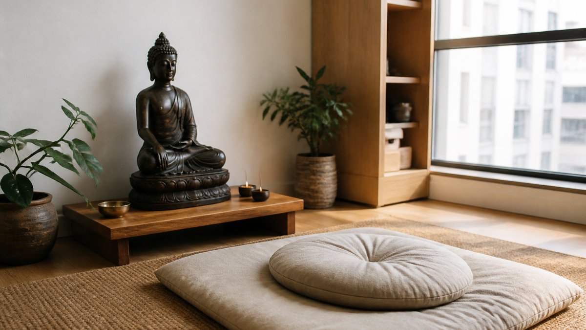 Eine ruhige Meditationsecke zu Hause in einer kleinen Wohnung mit einer bronzenen Buddha-Statue auf einem niedrigen Holzständer, einem Kissen und sanftem natürlichem Licht aus einem nahegelegenen Fenster