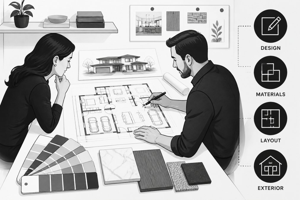 Homeowner and contractor reviewing detailed architectural floor plans and design sketches together at a drafting table in a bright office setting, with color swatches and material samples visible