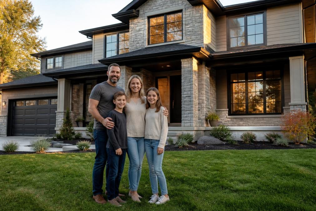 Family of four standing proudly in front of their completed custom home with modern exterior, clean lines, professional landscaping, and warm evening sunlight on the facade