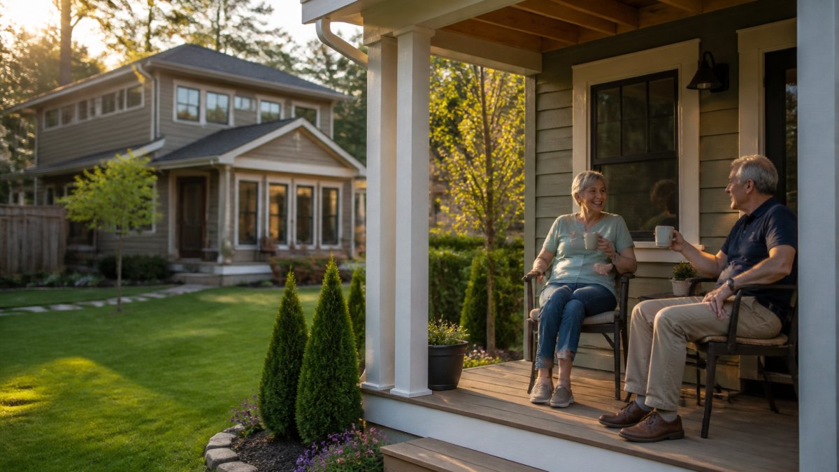 An older couple relaxing on the small covered porch of a detached backyard cottage, main house visible behind them, warm late-afternoon light across the lawn