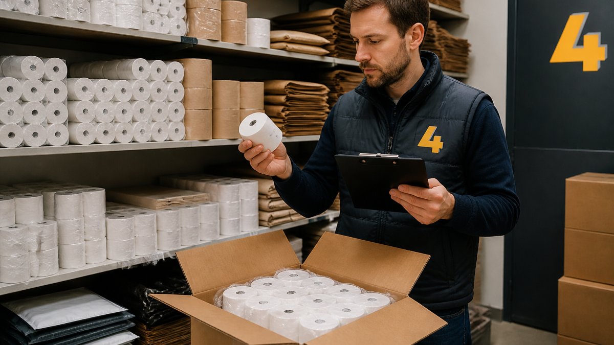 A retail store owner in a stockroom, surrounded by shelves of till rolls, receipt paper and packaging supplies, inspecting a box of bulk items with a clipboard in hand
