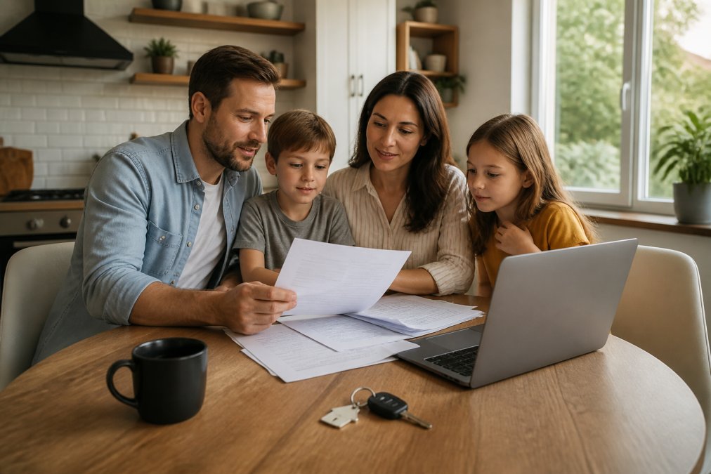 A family of four reviewing insurance documents and a laptop at a kitchen table, house key and car keys resting beside a coffee mug, warm morning light through the window