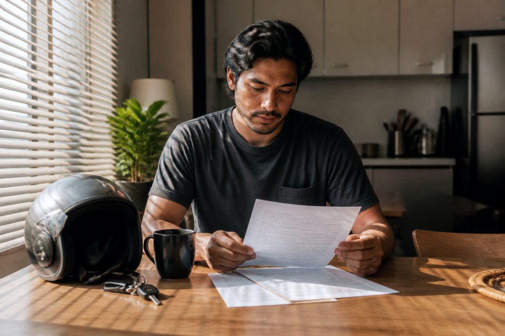 A renter sitting at a kitchen table reviewing insurance documents, a motorcycle helmet and keys resting beside a coffee mug, soft morning light through apartment blinds