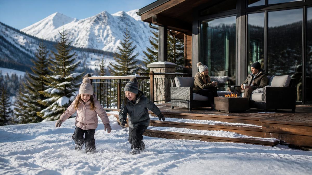 Family enjoying outdoor activities at a mountain home in winter, with snow-covered peaks visible behind a modern home with large windows, children playing in fresh snow while adults relax on a heated deck