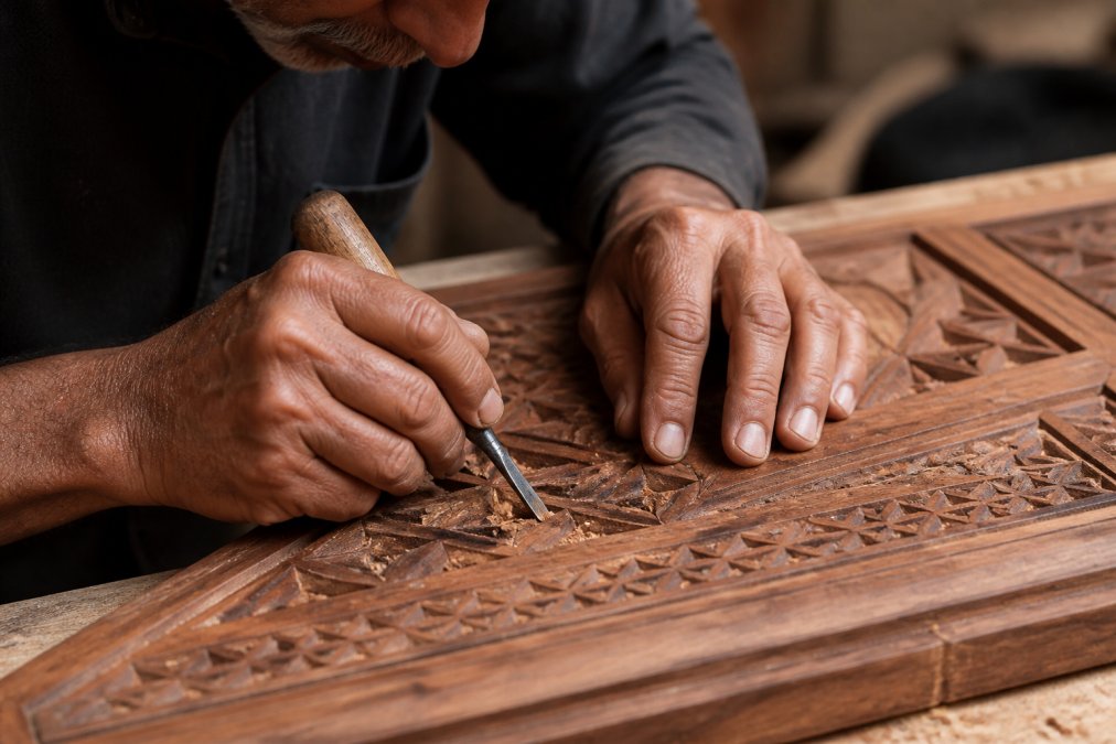 Close-up of skilled artisan hands carving intricate geometric wooden details on furniture surface, showing precision and concentration in natural workshop lighting