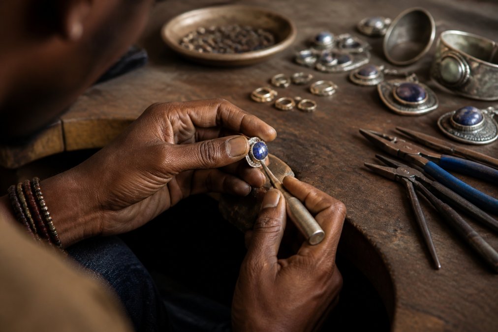 Close-up of an artisan's hands carefully setting a gemstone into a metal bezel using specialized tools, with a jeweler's workbench showing materials, pliers, and partially completed pieces in natural studio lighting