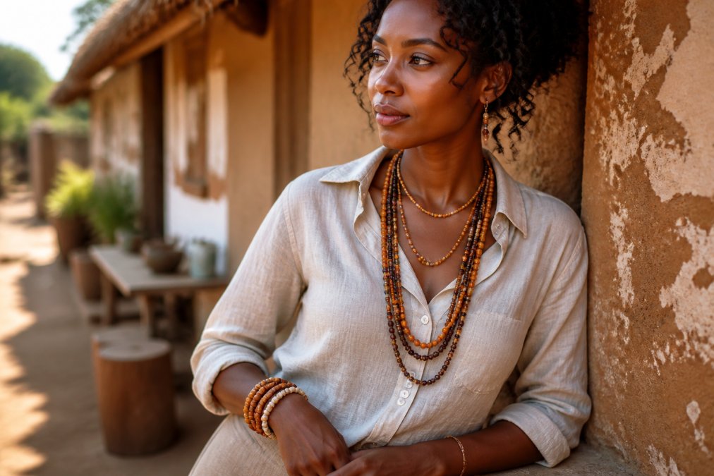 A woman wearing layered artisan handmade jewelry in warm earth tones, styled for everyday wear with a linen shirt, photographed in natural sunlight showing how the pieces integrate into personal style and enhance her presence
