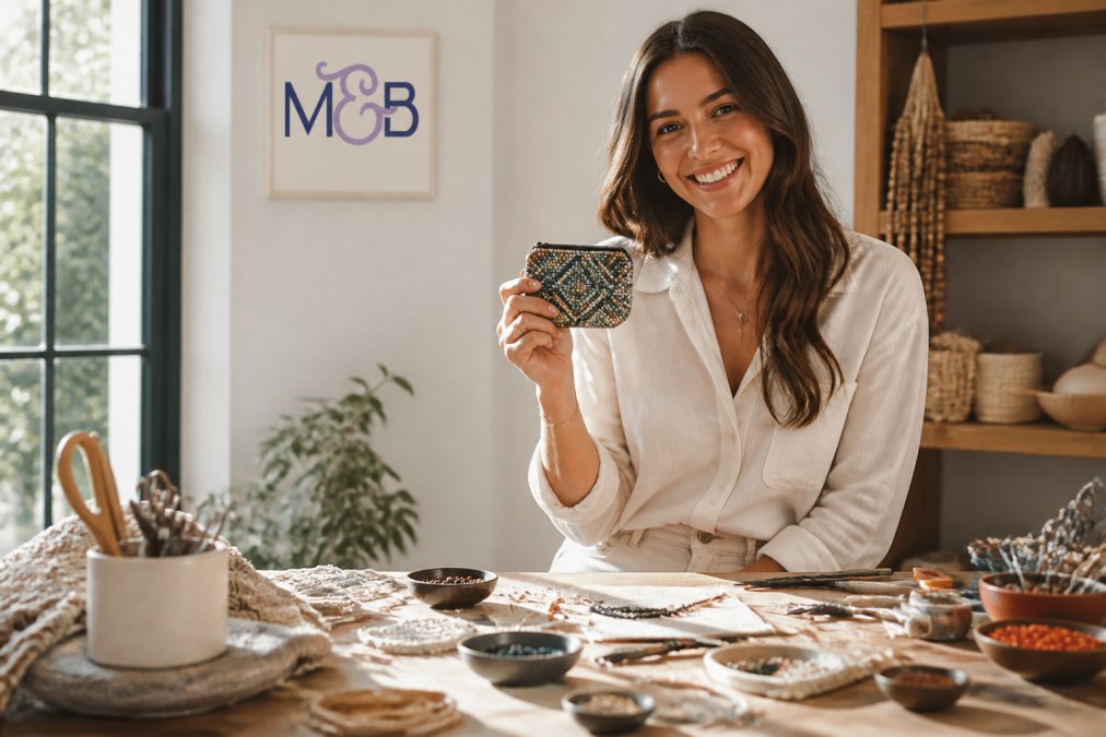 Smiling woman in a neutral outfit holding a colorful beaded coin purse as one of her artisanal accessories.