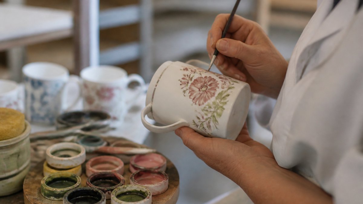 A close-up of a potter's hands painting delicate floral motifs onto a bone china mug in a bright studio, with a small brush and paint pots visible on the workbench