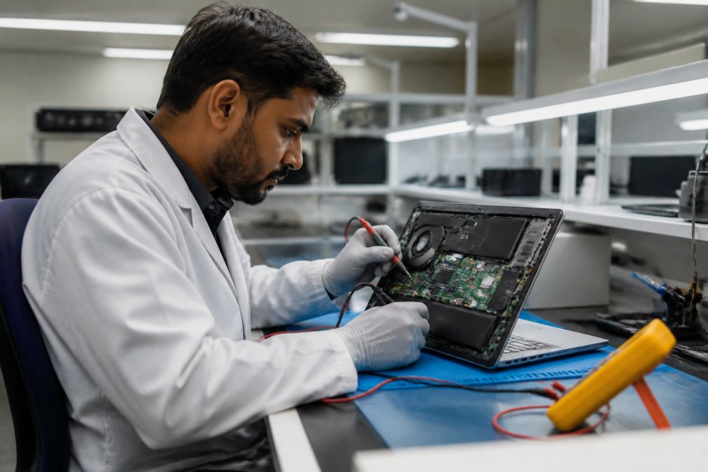 Technician in white coat examining a laptop computer with diagnostic testing equipment in a clean laboratory environment with bright overhead lighting
