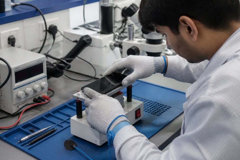Technician in protective gloves carefully testing a smartphone using diagnostic equipment and tools in a bright laboratory setting with quality control stations