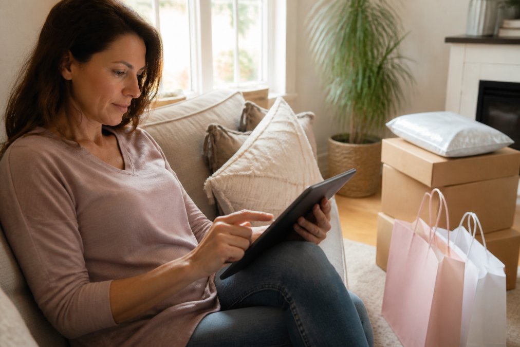 Parent shopping on tablet from comfortable home setting with shopping bags and delivered packages visible in background, natural home lighting