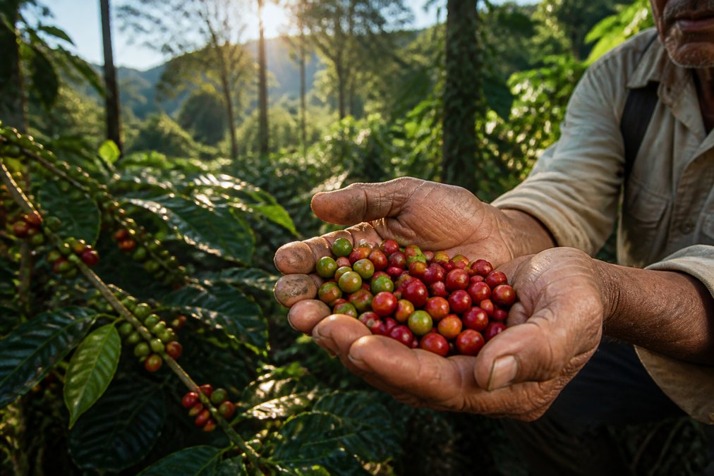Close-up of a farmer's weathered hands holding vibrant red coffee cherries and green beans on a family farm, with morning sunlight filtering through lush foliage and shade-grown trees in the background