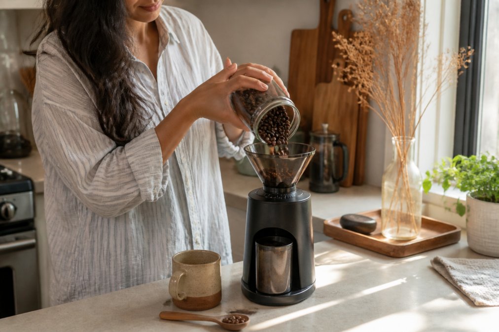 A person at home pouring freshly roasted specialty coffee beans into a burr grinder, with a warm ceramic cup and natural morning light streaming through a nearby window, creating soft shadows on the countertop
