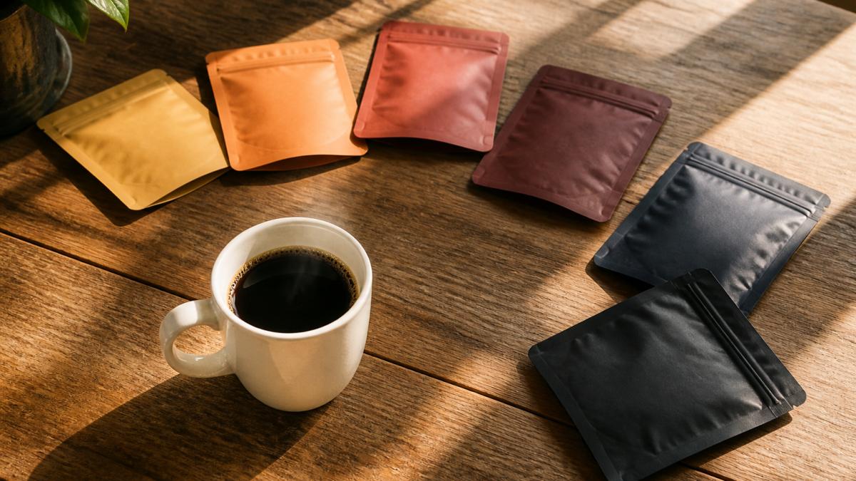 Close-up of six colorful coffee sample packs arranged on a wooden table with a freshly brewed cup of dark coffee, showing different roast colors from light to dark, morning sunlight streaming across the table