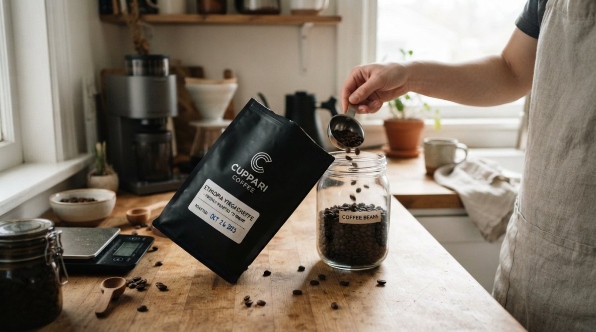 Close-up of whole coffee beans in an airtight glass container with a visible roast date label, stored on a cool, dark pantry shelf away from sunlight