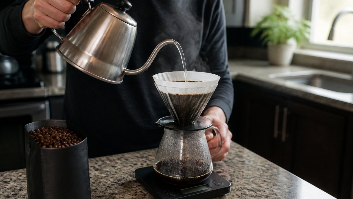 A home brewer pouring hot water over freshly ground coffee in a pour-over dripper, steam rising, with a small kitchen scale and a bag of whole beans visible on the counter nearby