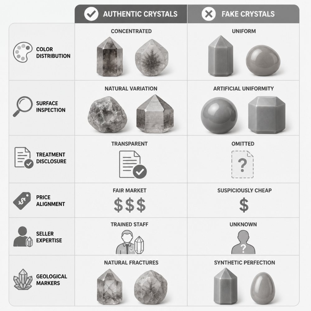 Comparison matrix showing authentication criteria: color distribution (concentrated vs. uniform), surface inspection (natural variation vs. artificial uniformity), treatment disclosure (transparent vs. omitted), price alignment (fair market vs. suspiciously cheap), seller expertise (trained staff vs. unknown), geological markers (natural fractures vs. synthetic perfection)