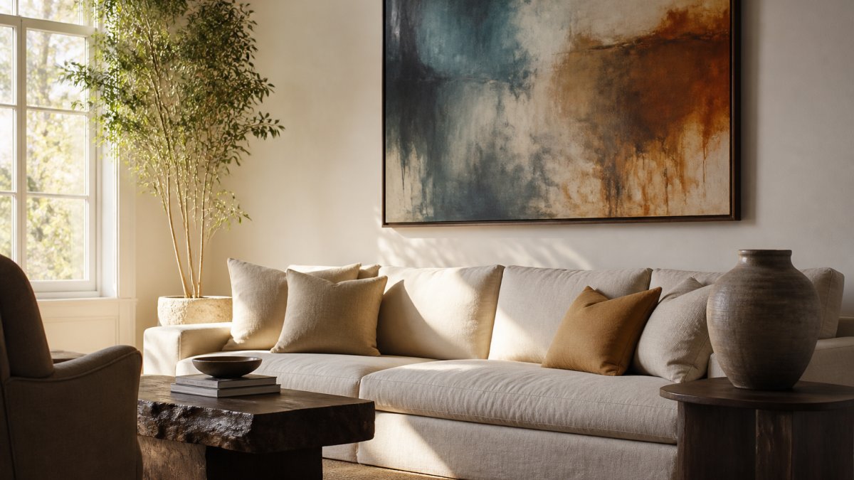 A well-lit living room with a large original painting hung above a linen sofa, warm afternoon light across the floor, a ceramic vase on a side table