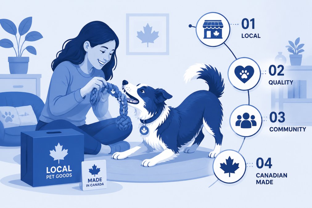 A pet owner and their dog enjoying an interactive moment with a thoughtfully designed product from a local Canadian pet business, showing genuine connection and care in a home setting
