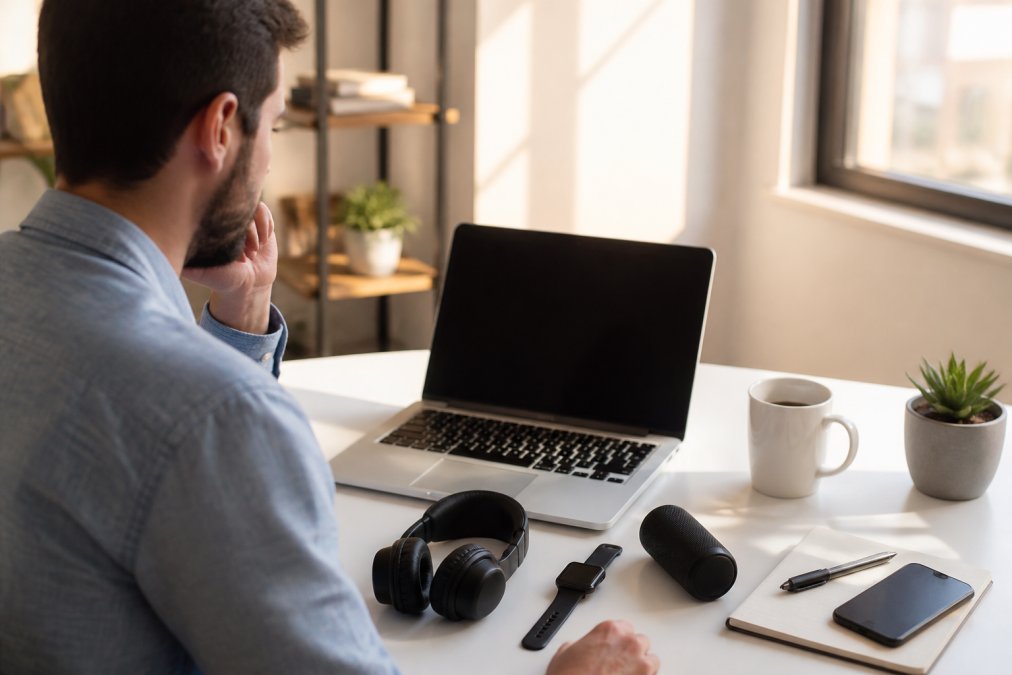 A busy professional at a clean white desk comparing only two or three gadgets on a laptop screen, a coffee mug nearby, with a calm and organized workspace in soft afternoon light