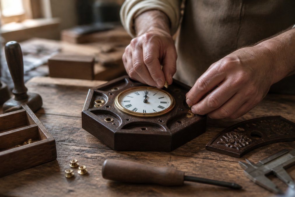 Artisan hands carefully assembling mahogany furniture with brass joinery details, natural light highlighting the wood grain and precision of the craftsmanship