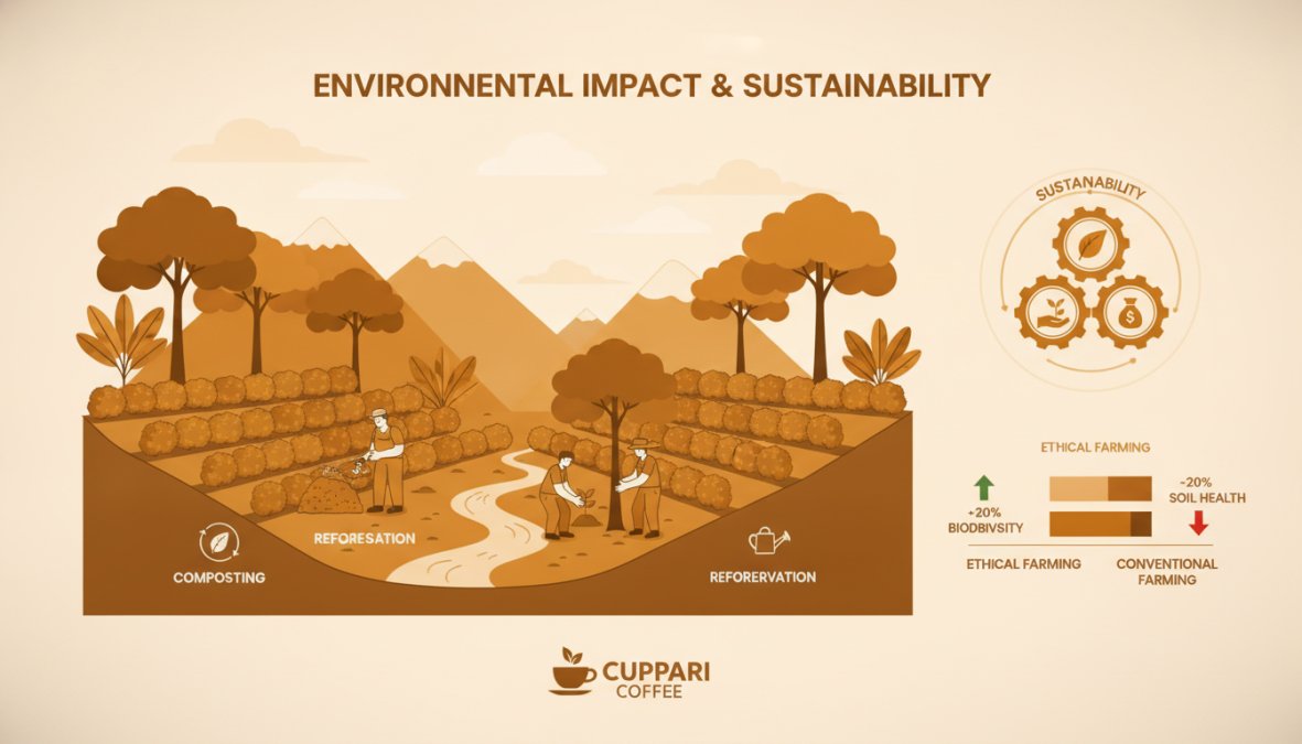 Lush coffee farm nestled in misty mountains with shade-grown native trees, dense vegetation, and biodiversity visible among the plants, workers tending crops among diverse flora