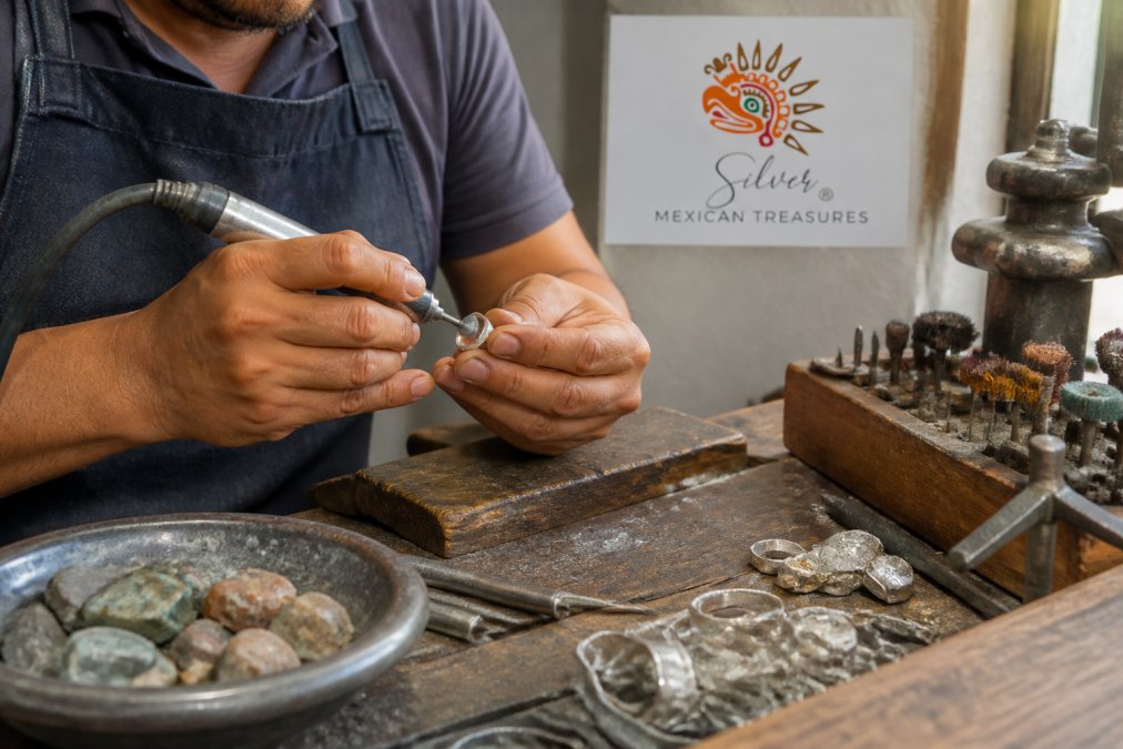 Close-up of a Mexican artisan's hands shaping sterling silver jewelry at a workbench, with polishing tools and raw materials visible, showing the meticulous craftsmanship and care in handmade production