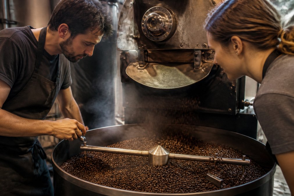Close-up of freshly roasted coffee beans in a roasting drum, steam rising with warm golden-brown color highlighting the roast profile, capturing the moment beans transition from green to their final roast shade