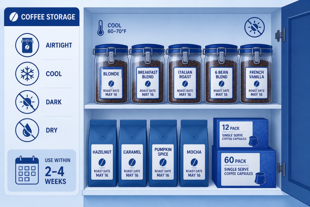 Organized coffee storage setup showing multiple airtight containers with visible roast date labels, sealed bags arranged in a cool kitchen cabinet away from direct sunlight, demonstrating proper freshness preservation