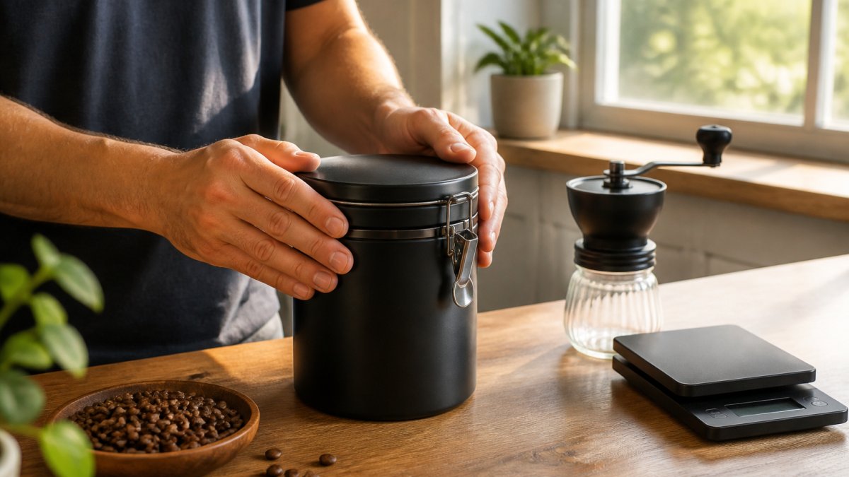 A person pressing the lid onto a matte black airtight coffee canister on a kitchen counter, a digital scale and hand grinder beside it, soft morning light through a window