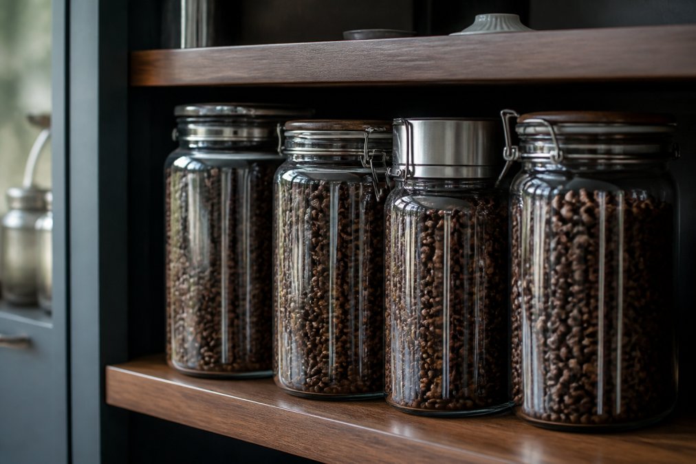Airtight coffee storage containers arranged on a kitchen shelf with beans visible inside, demonstrating proper storage setup away from light and heat