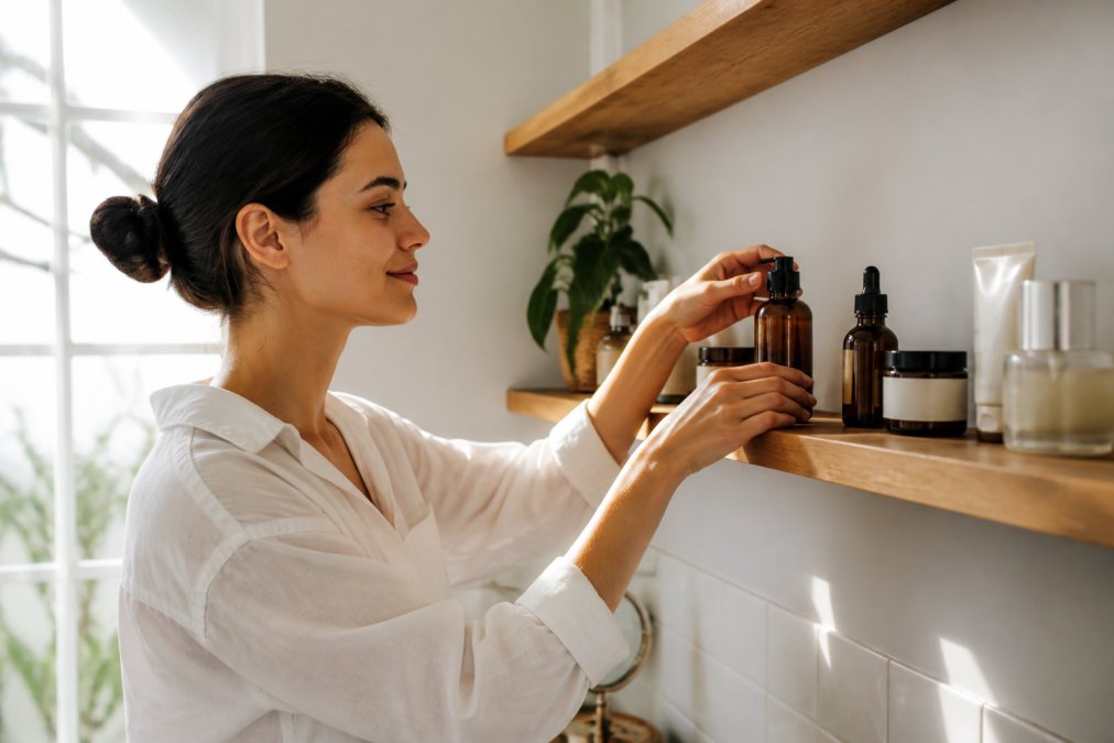 A woman in a bright, modern bathroom arranging a small collection of premium skincare bottles and jars on a wooden shelf, natural light streaming in through a nearby window