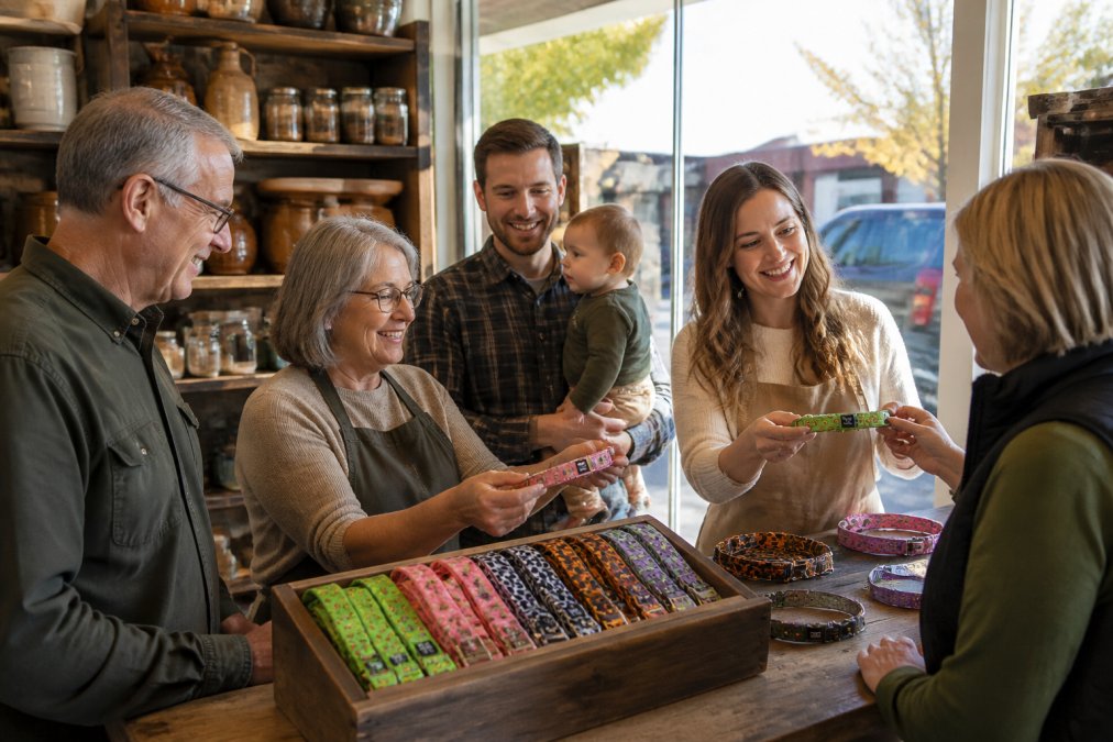 A multigenerational family working together in a rustic retail space, smiling while helping customers examine products, natural light streaming through large storefront windows