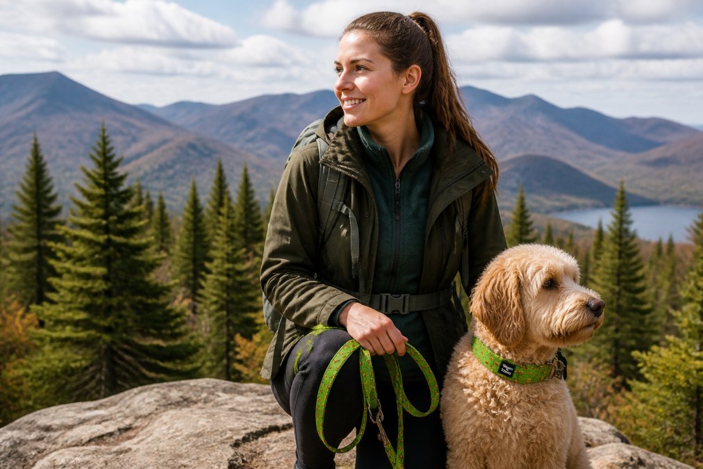 A person wearing quality outdoor apparel from a family brand, standing confidently in a natural outdoor setting with forest and mountains visible, holding specialized gear in natural daylight