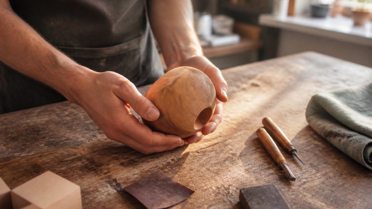 Maker's hands inspecting a hand-sanded wooden sculpture on a workbench under natural light