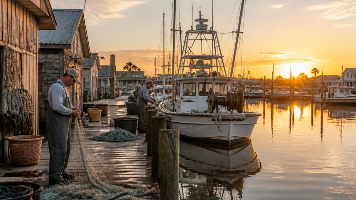 Weathered fishing dock at sunrise with commercial boats tied up, fishermen preparing nets and gear, wooden buildings with salt-worn paint, golden light reflecting off calm water