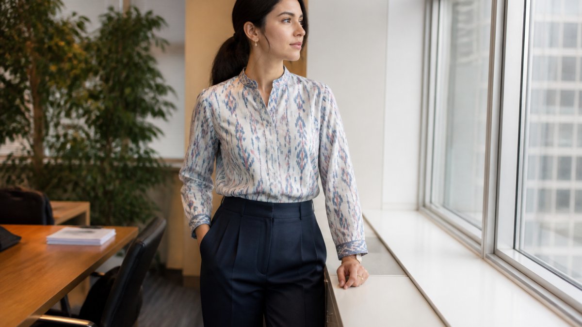 Professional woman wearing The Marvorid Top with tailored navy trousers in modern office setting with natural window lighting, demonstrating how heritage fashion integrates into everyday professional wear