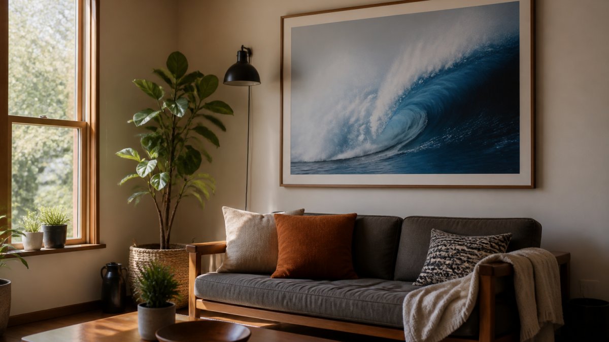 Large abstract ocean wave print hanging above a mid-century modern sofa in a sunlit living room corner