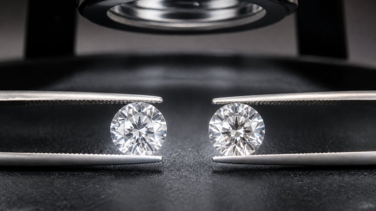 Side-by-side view of a lab-grown and mined diamond sparkling under bright studio lighting.