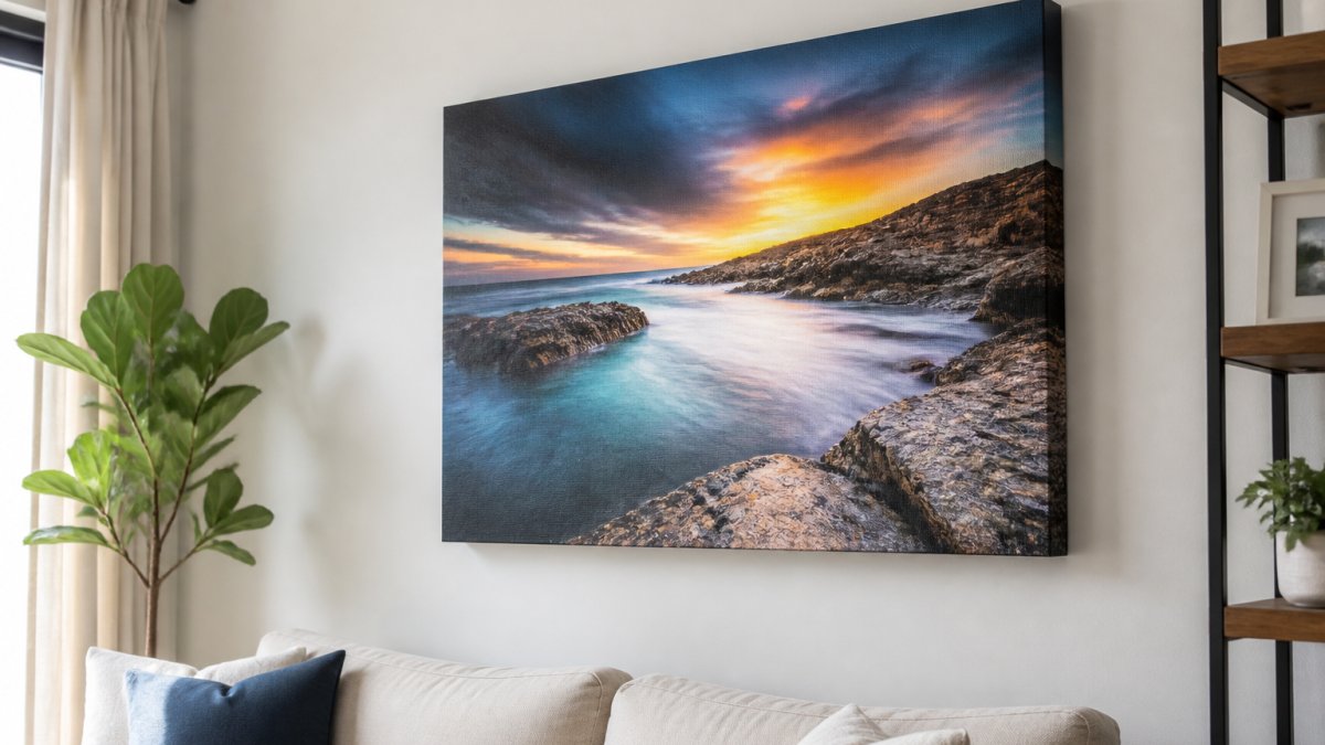 Gallery-wrapped canvas giclée print displayed on white wall in modern living room, showing vibrant color detail and texture with natural light highlighting the print quality and finish