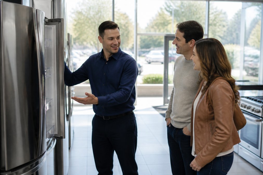 A friendly salesperson in a bright appliance showroom helping a couple choose a refrigerator, pointing at features and smiling, natural daylight through storefront windows
