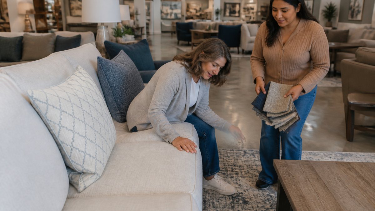 Shopper inspecting sofa fabric and seams at a local furniture showroom with a salesperson's assistance