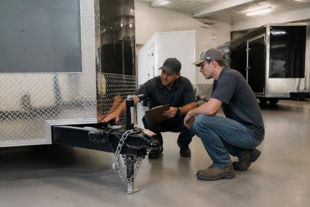 Customer and dealer inspecting the frame of local trailers in a showroom
