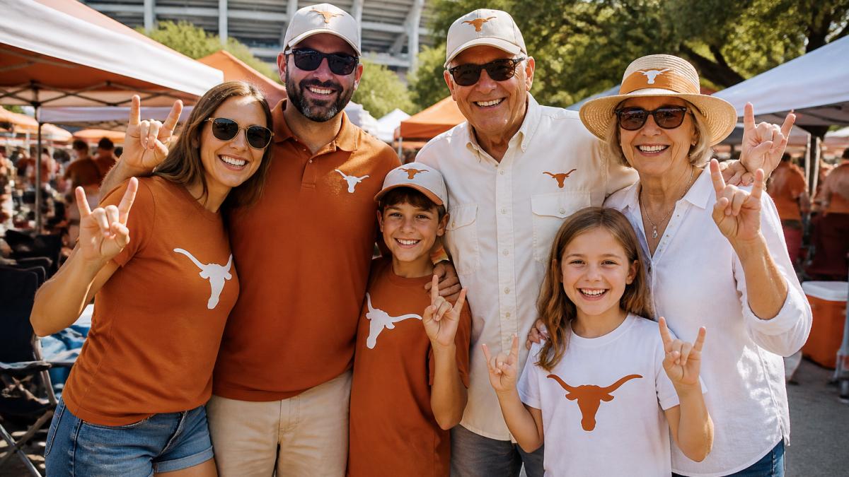 Multi-generational family wearing coordinated University of Texas-themed apparel in burnt orange and white colors, smiling together at a tailgate with stadium visible in background, natural outdoor lighting